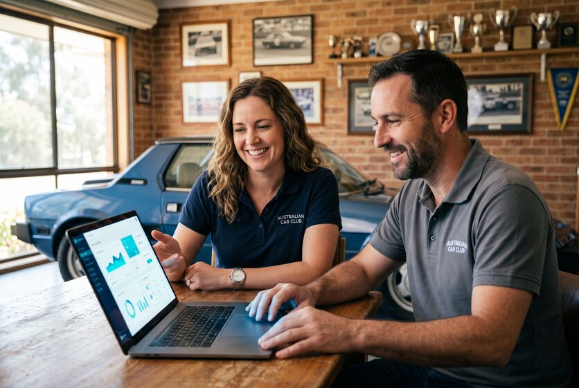 Two car-club members reviewing the club management dashboard on a laptop