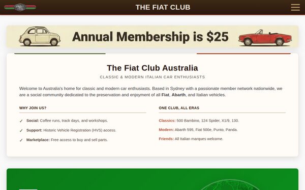 Screenshot of fiatclub.net.au, The Fiat Club Australia