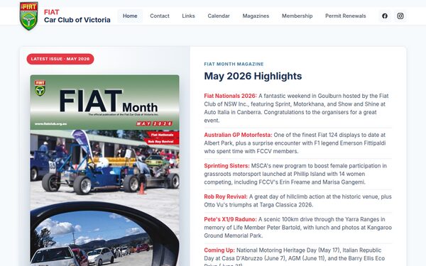 Screenshot of fiatclub.org.au, the Fiat Club of Victoria
