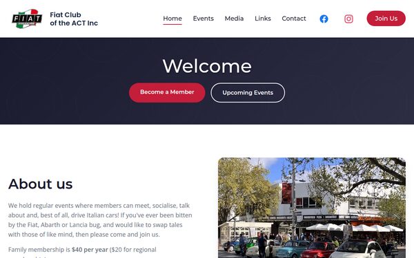 Screenshot of fiatclubact.org, the Fiat Club of the ACT